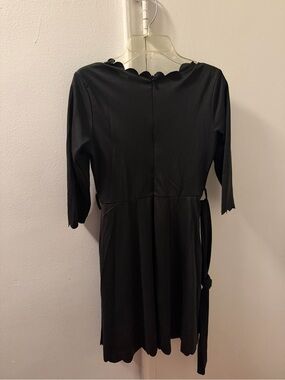 Black Scallop-Edge Long Sleeve Wrap Dress.